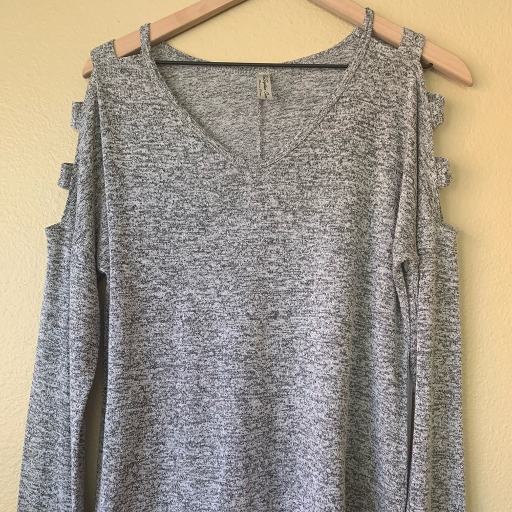Heathered grey and black long sleeve sweater